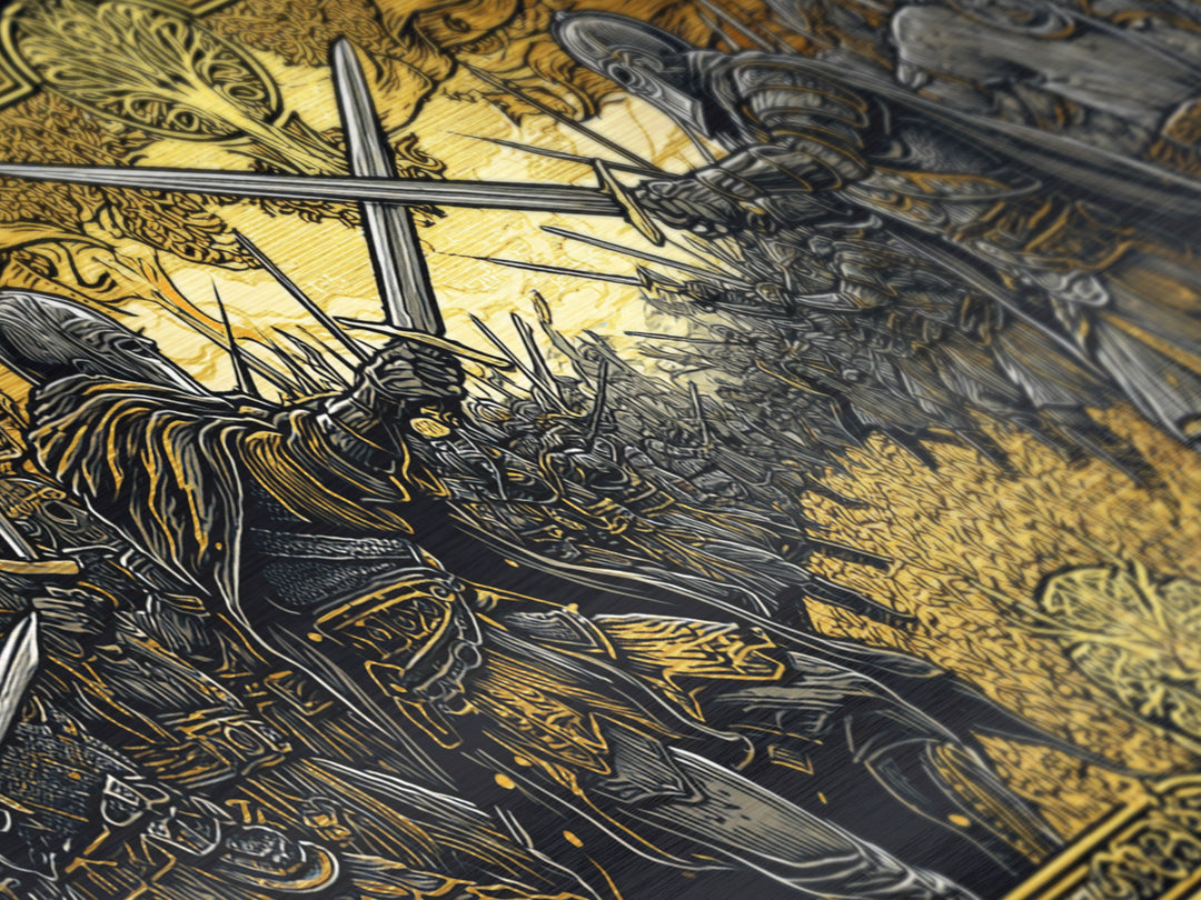 Viking Battle Metallic Gold Art Metal Art Norse Warriors Mythology Wall Decor Office Art Man Cave Gift framed in natural wood