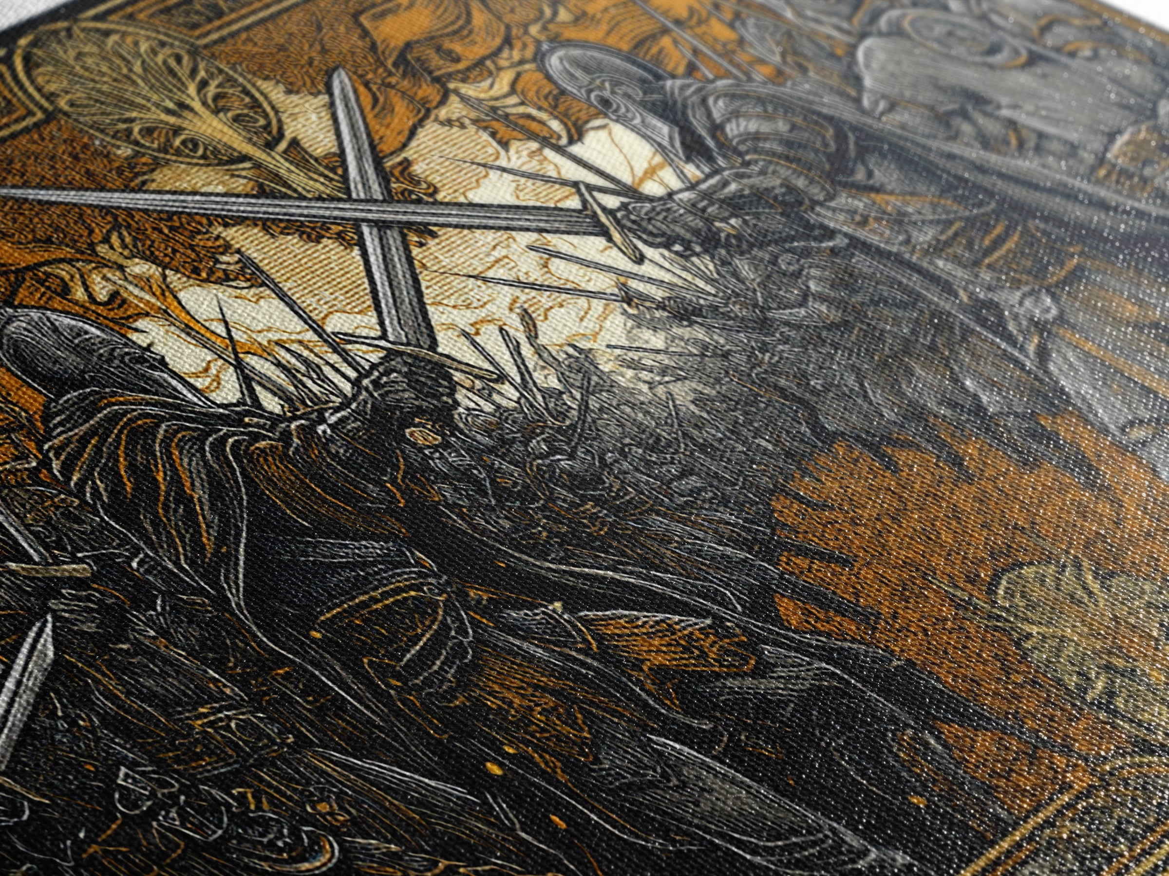Viking Battle Canvas Gold Art Canvas Art Norse Warriors Mythology Wall Decor Office Art Man Cave Gift framed in natural wood