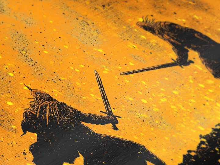Fiery Duel Metallic Gold Art Metal Art Norse Viking Mythology Warrior Wall Decor Dad Gift Office Art framed in solid wood