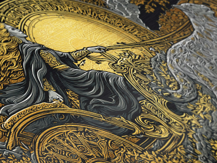 Freyja Metallic Gold Art Metal Art Norse Goddess Viking Mythology Wall Decor Man Cave or Office Art framed in natural wood