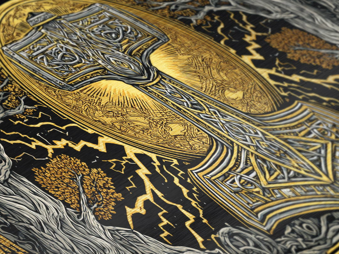 Mjolnir Norse Hammer Metallic Gold Art Metal Art Viking Symbol Wall Art for Man Cave Office or Dad Gift in handcrafted real wood frame