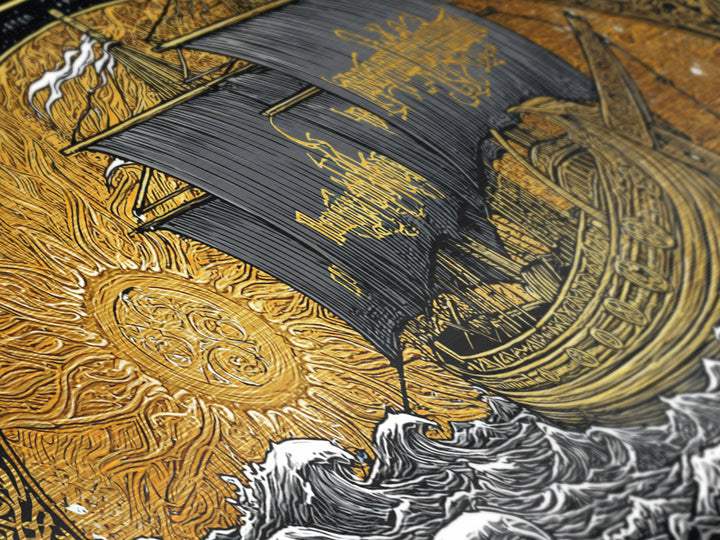 Viking Ship Naglfar Metallic Gold Art Metal Art Nordic Longship Decor Norse Mythology Office Wall Art Man Cave framed in authentic wood