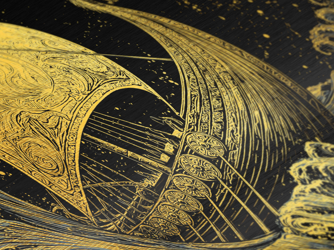 Naglfar Viking Ship Metallic Gold Art Metal Art Norse Mythology Longship Wall Hanging Decor Office Art Man Cave Gift framed in real wood