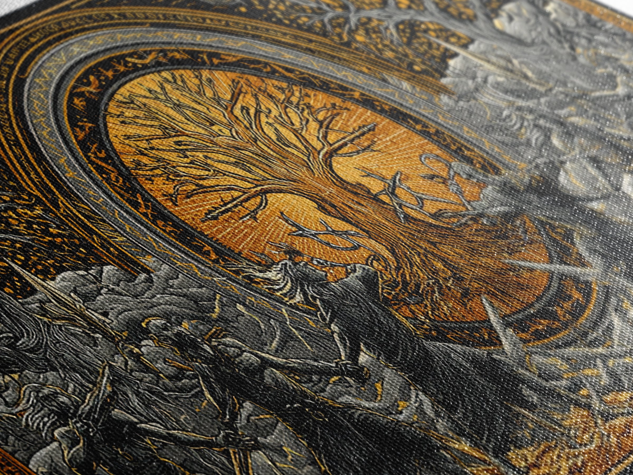 Sköll Wolf Canvas Gold Art Norse Mythology Canvas Art, Viking Wolf Devours the Sun Wall Decor in real wood frame for office