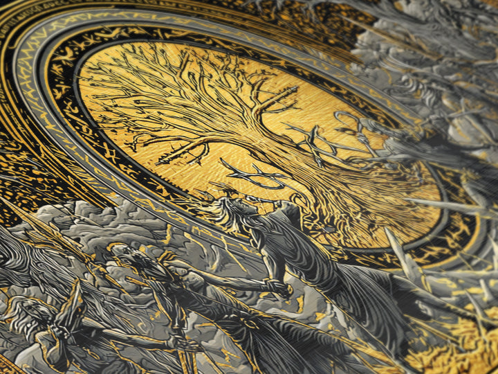 Sköll Wolf Metallic Gold Art Norse Mythology Metal Art, Viking Wolf Devours the Sun Wall Decor in real wood frame for office