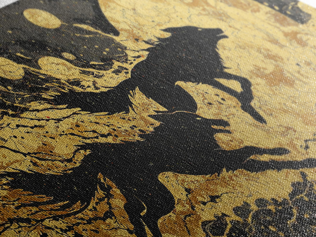 Fenrir Wolf Canvas Gold Art Norse Mythology Canvas Art, Viking Beast of Ragnarok Wall Decor for Office or Man Cave in wood frame