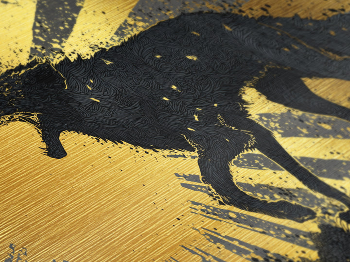 Hati and Sköll Wolves Metallic Gold Art Norse Mythology Metal Art, Viking Sun and Moon Chase Wall Decor framed in real wood