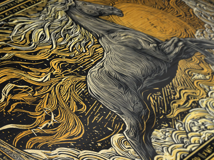 Mythical Sleipnir Metallic Gold Art Wall Decor, Odin’s Eight-Legged Horse Norse Metal Art with real wood frame, Viking Office Art