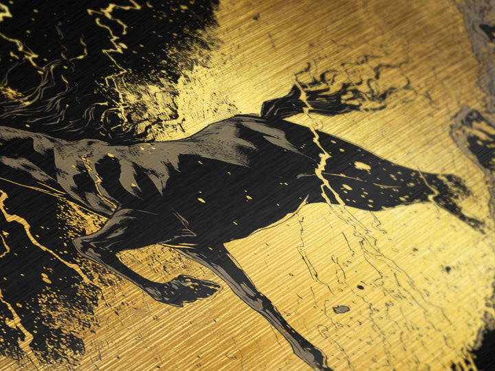 Nordic Sleipnir Horse Metal Art, Metallic Gold Art in Norse Mythology Style, Man Cave Wall Art for Men, framed in authentic wood