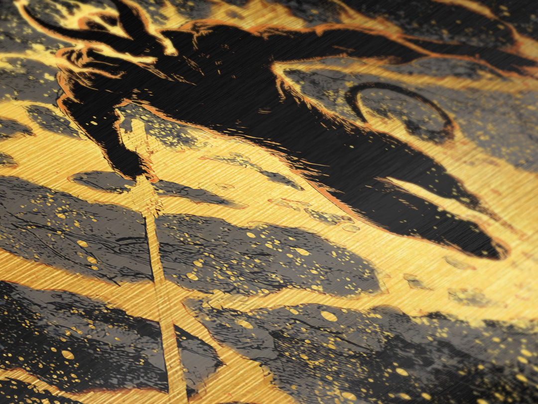 Mythical Surtur with Flaming Sword Metallic Gold Art, Viking Metal Art Norse Decor, Man Cave Office Art, framed in handcrafted wood