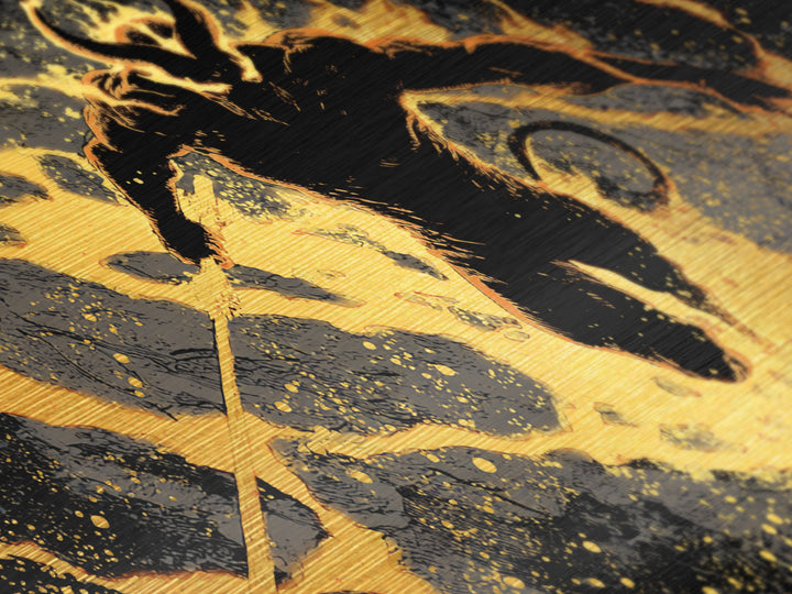 Mythical Surtur with Flaming Sword Metallic Gold Art, Viking Metal Art Norse Decor, Man Cave Office Art, framed in handcrafted wood