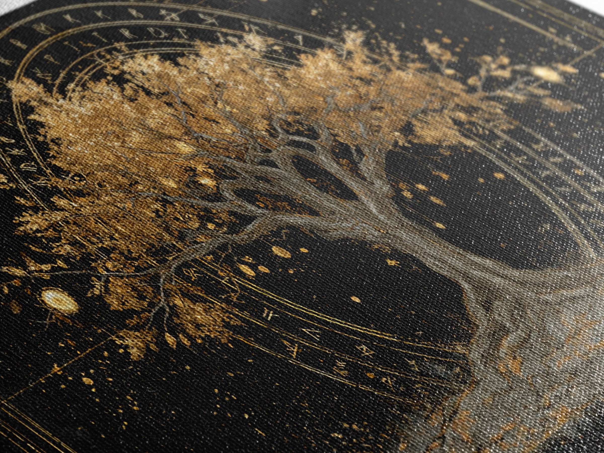The World Tree Yggdrasil Canvas Gold Art, Norse Mythology Canvas Art for Office, Viking Man Cave Decor, framed in natural wood