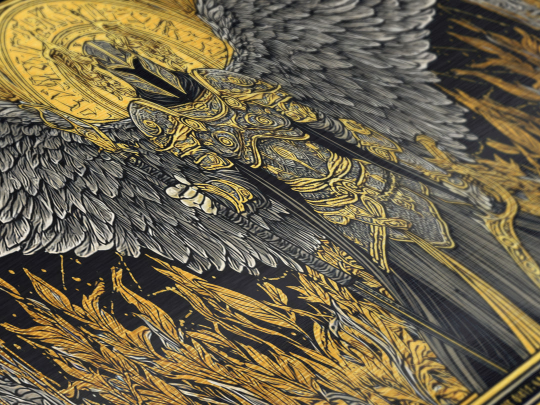 Winged Valkyrie Warrior Metal Art, Metallic Gold Art Norse Decor, Nordic Mythology Office Art for Men, framed with real wood detail