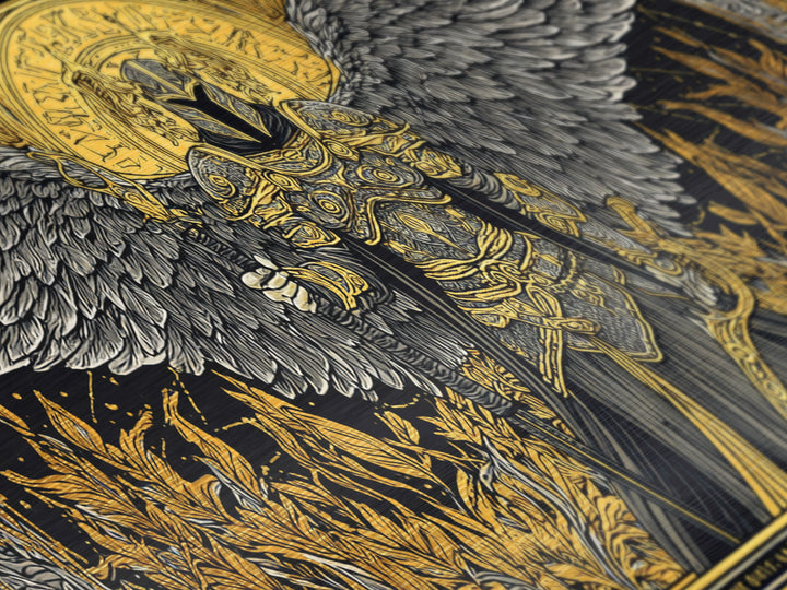 Winged Valkyrie Warrior Metal Art, Metallic Gold Art Norse Decor, Nordic Mythology Office Art for Men, framed with real wood detail