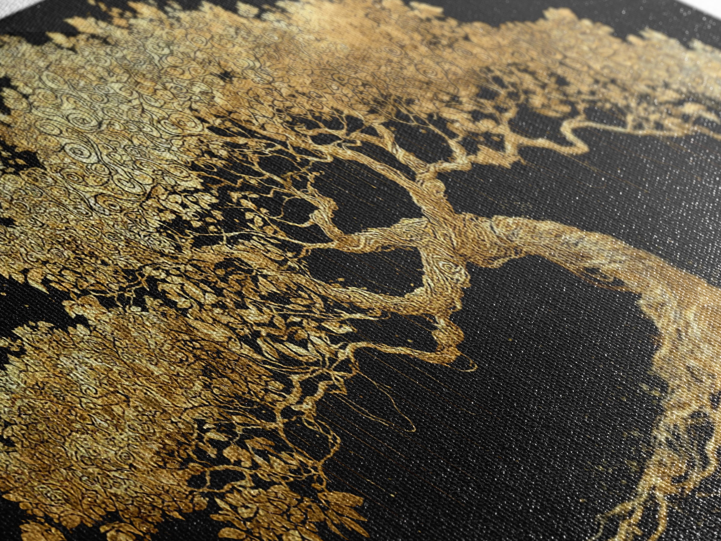 Canvas Art Yggdrasil Canvas Gold Art, Norse Tree of Life Wall Hanging with Real Wood Frame, Nordic Mythology Man Cave or Dad Gift
