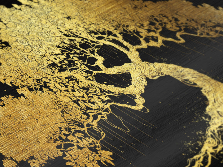 Metal Art Yggdrasil Metallic Gold Art, Norse Tree of Life Wall Hanging with Real Wood Frame, Nordic Mythology Man Cave or Dad Gift