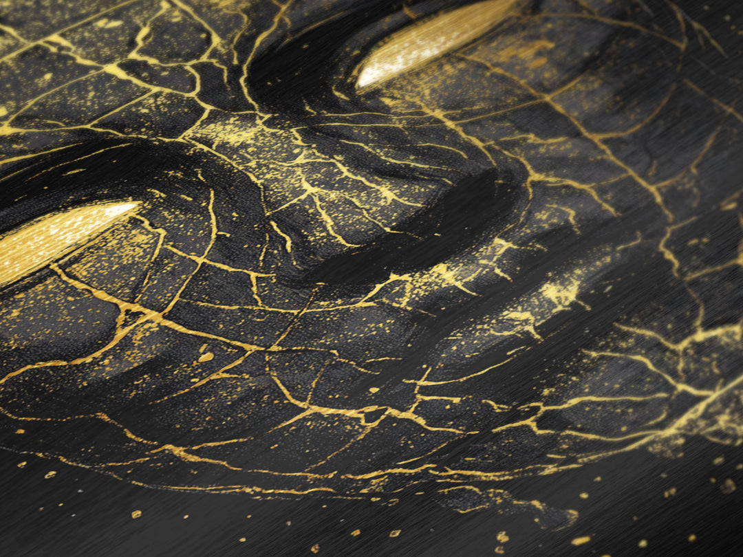 Cracked Mask Metallic Gold Art Metal Art | Norse Mythology Symbolic Face Wall Decor | Viking Pagan Office or Man Cave Art Framed in Wood