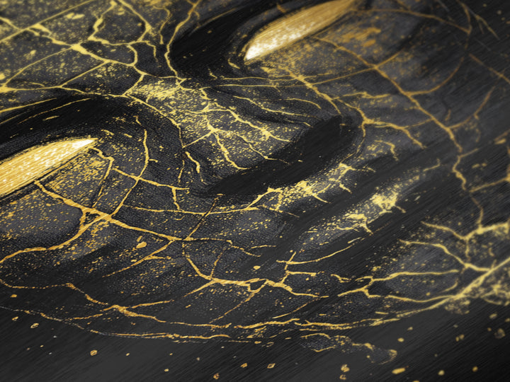 Cracked Mask Metallic Gold Art Metal Art | Norse Mythology Symbolic Face Wall Decor | Viking Pagan Office or Man Cave Art Framed in Wood