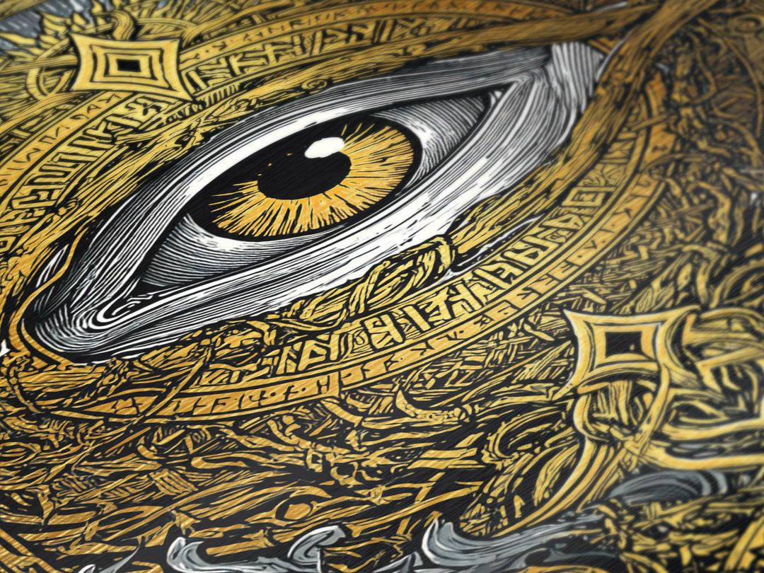 Norse All-Seeing Eye Metallic Gold Art Metal Art, Nordic Mythology Office or Man Cave Wall Decor framed in natural wood