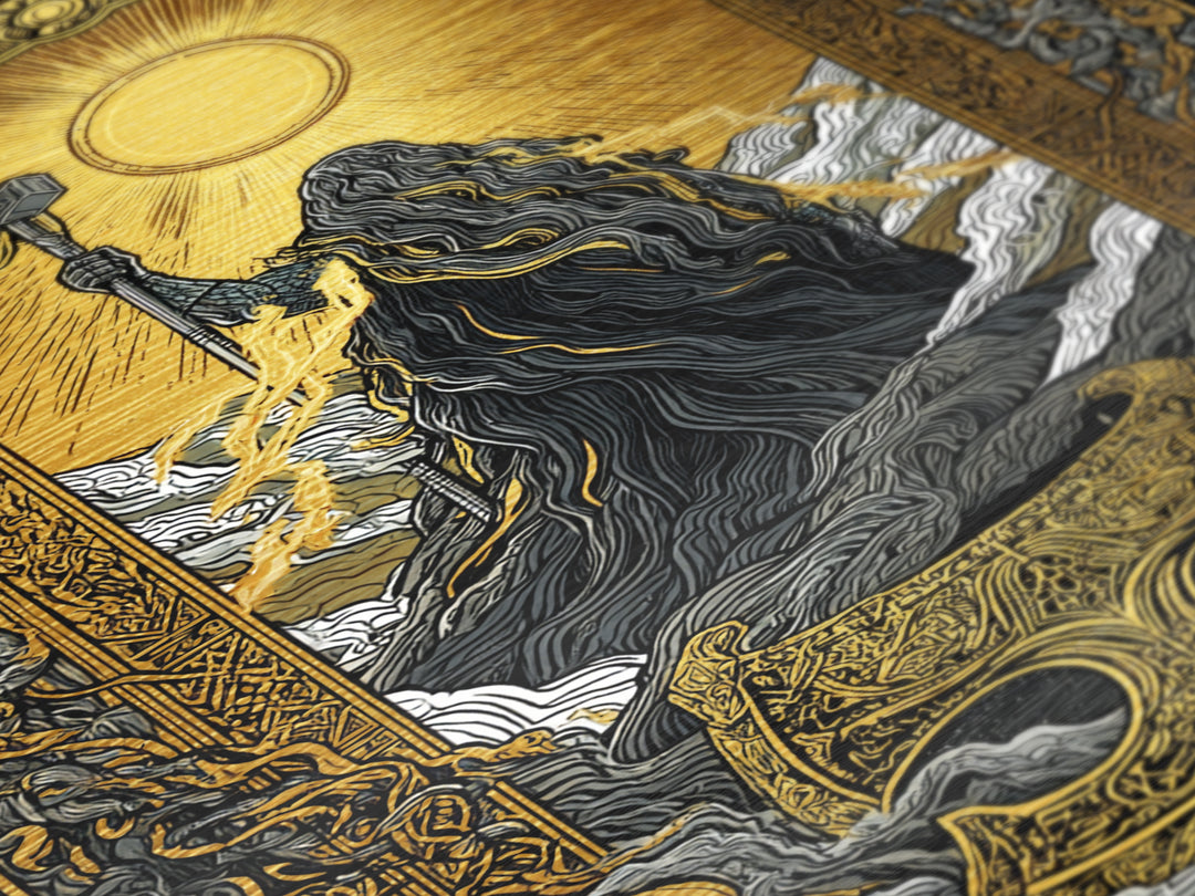 Thor with Hammer Nordic God Metallic Gold Art Metal Art Norse Mythology Wall Art Office or Man Cave Decor in wood frame