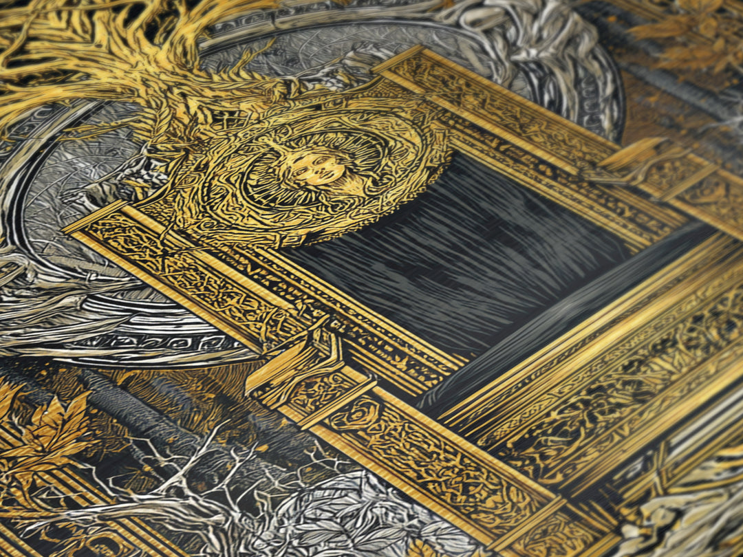 Nordic Throne Metallic Gold Art Metal Art Viking Mythology Wall Decor, Norse Royal Seat Wall Art framed in wood for Office Gift