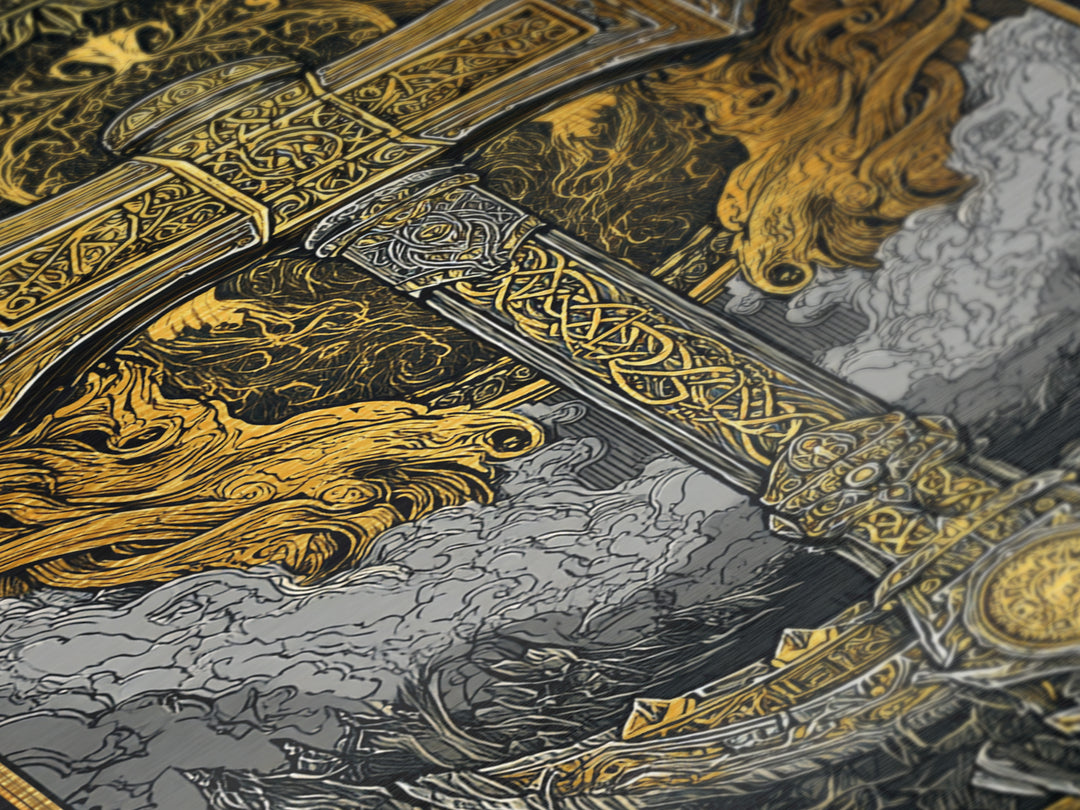 Thor’s Hammer Mjölnir Intricate Nordic Design Metallic Gold Art Metal Art Norse Mythology Man Cave Wall Art framed in oak