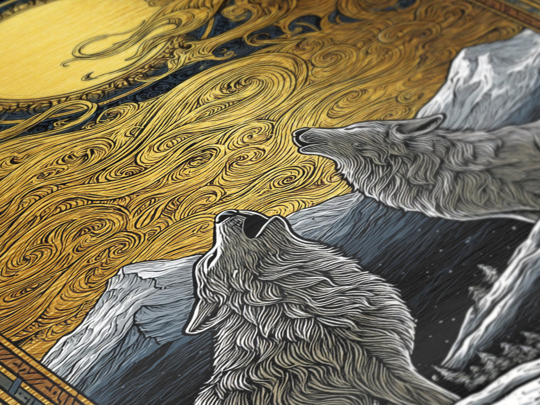 Skoll and Hati Wolves Chasing Sun Metallic Gold Art Metal Art Norse Mythology Nordic Wall Decor Office Art in wood frame