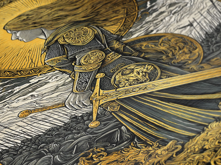 Valkyrie Warrior Metallic Gold Art Metal Art – Norse Mythology Wall Decor, Office or Man Cave Gift, framed in natural wood