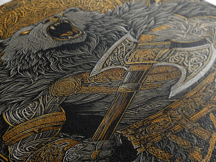 Nordic Bear Warrior Canvas Gold Art Canvas Art | Viking Mythology Wall Decor for Office or Man Cave | Framed in Natural Wood
