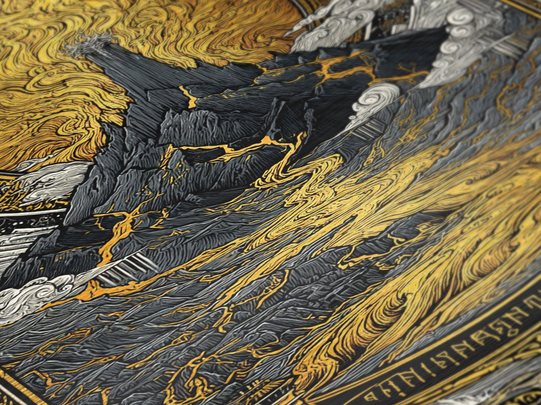 Muspelheim Fire Mountain Metallic Gold Art Metal Art | Viking Mythology Lava Landscape Wall Art | Natural Wood Frame Included