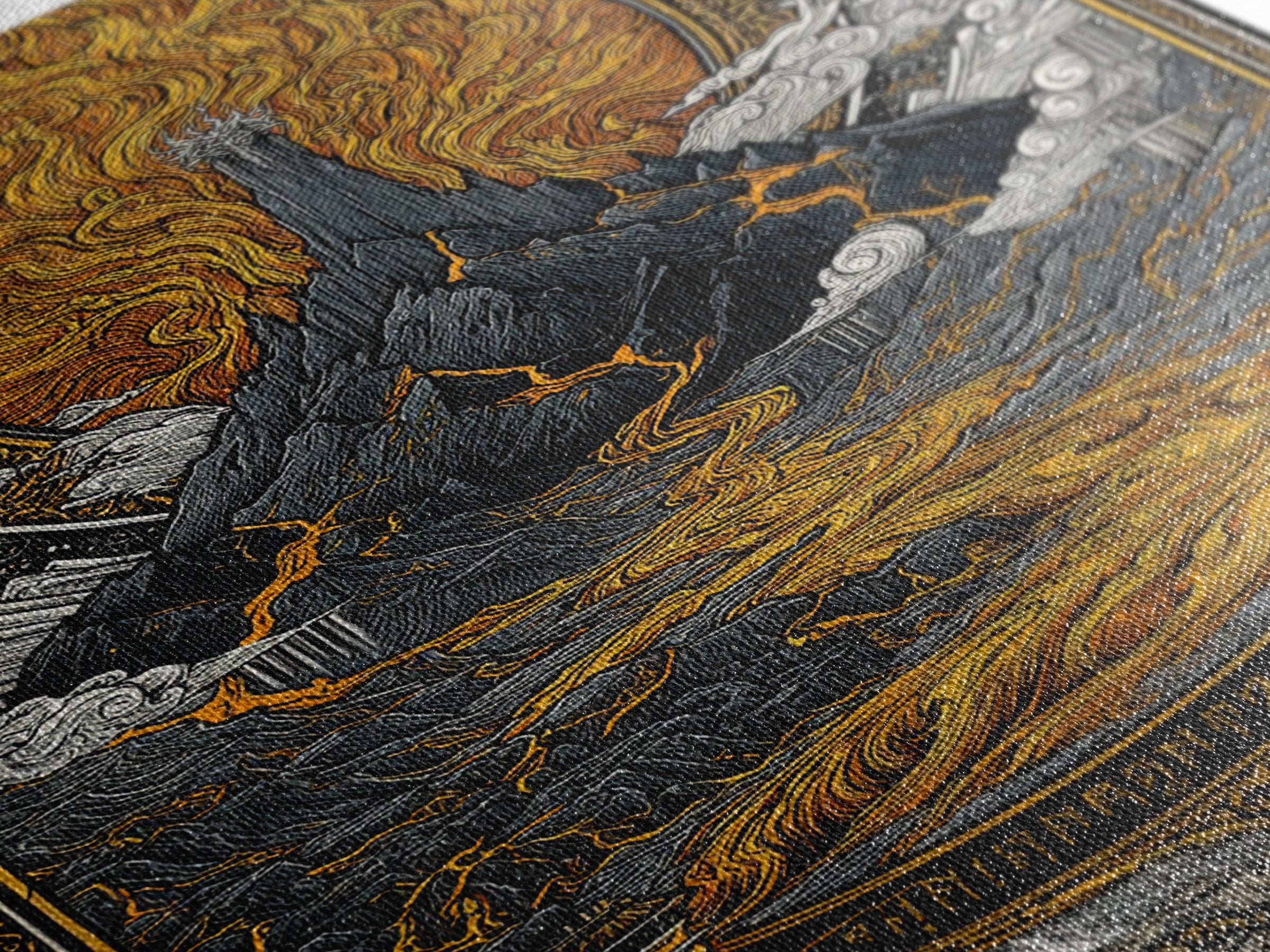 Muspelheim Fire Mountain Canvas Gold Art Canvas Art | Viking Mythology Lava Landscape Wall Art | Natural Wood Frame Included