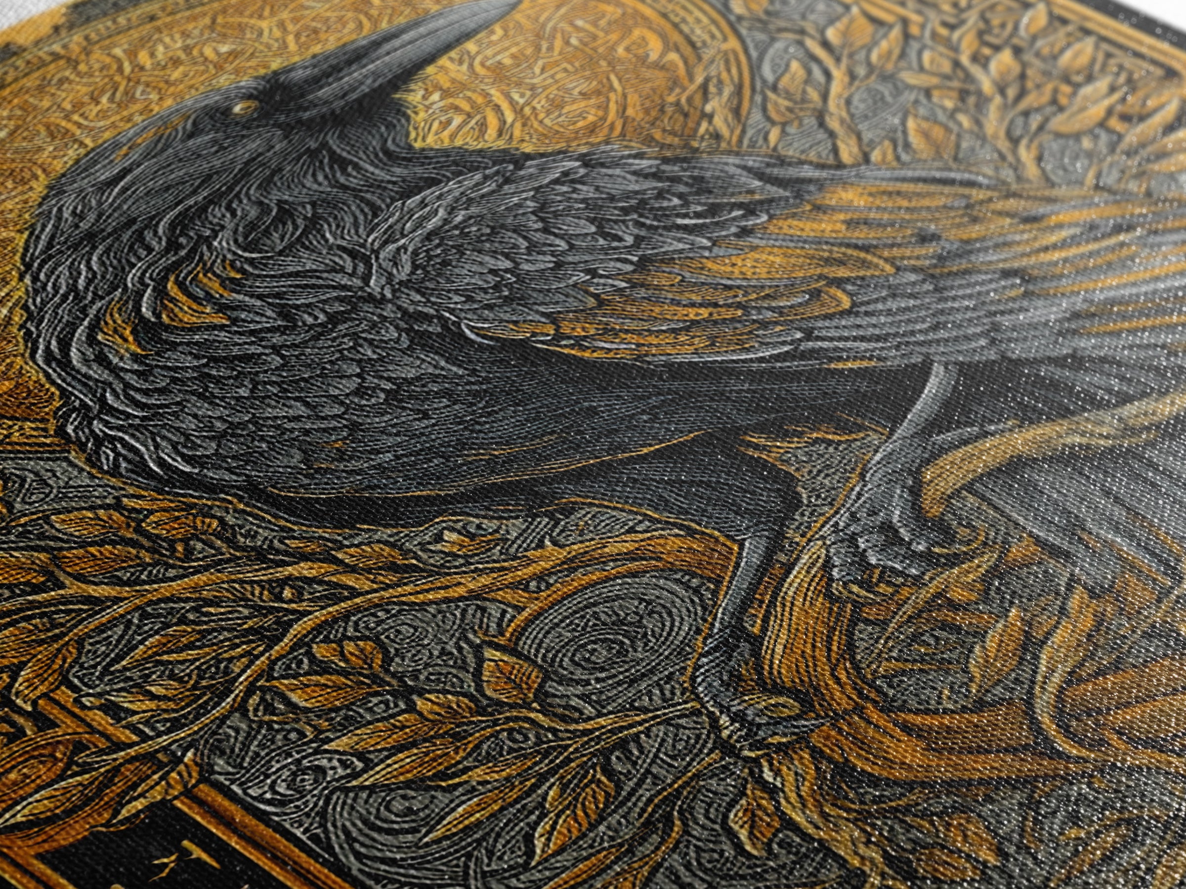 Hugin Raven Canvas Gold Art Canvas Art | Viking Odin Symbol Norse Mythology Decor | Man Cave Wall Art | Framed in Solid Wood