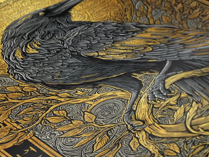Hugin Raven Metallic Gold Art Metal Art | Viking Odin Symbol Norse Mythology Decor | Man Cave Wall Art | Framed in Solid Wood