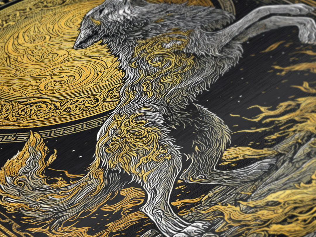 Mythic Wolf Spirit Metallic Gold Art Metal Art | Norse Viking Wall Art Pagan Symbol Decor for Man Cave | Set with Natural Wood Frame