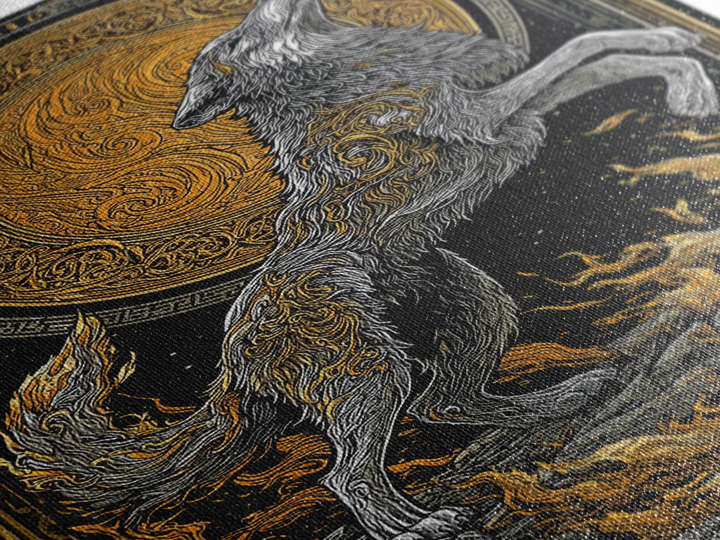 Mythic Wolf Spirit Canvas Gold Art Canvas Art | Norse Viking Wall Art Pagan Symbol Decor for Man Cave | Set with Natural Wood Frame