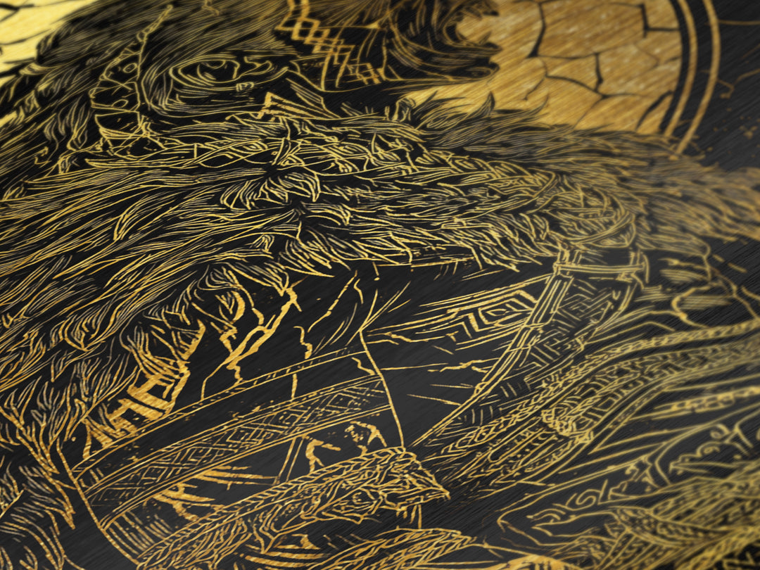 Fierce Viking Berserker Metallic Gold Art Metal Art | Norse Mythology Warrior Wall Art Dad Gift | Mounted with Real Wood Frame