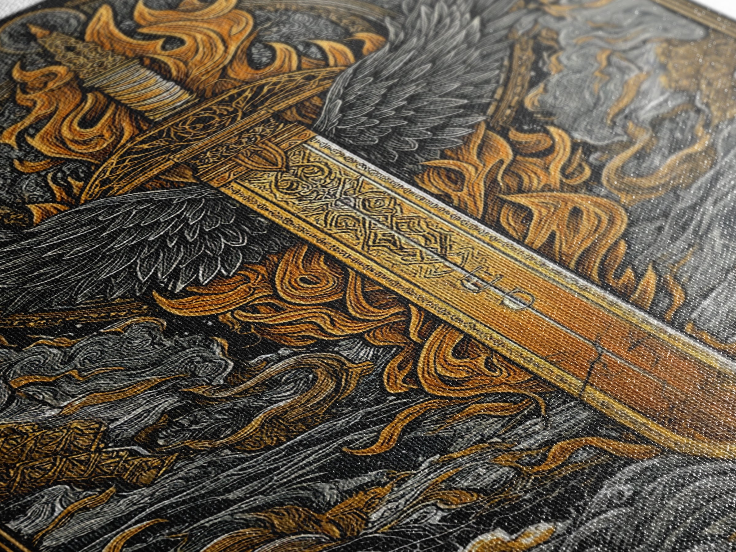 Valkyrie Sword Canvas Gold Art Canvas Art | Norse Mythology Weapon Wall Decor Viking Warrior Art | Mounted in Solid Wood Frame