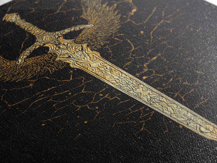 Winged Viking Sword Canvas Gold Art Canvas Art | Norse Mythology Weapon Wall Decor for Man Cave or Office | Framed in Real Wood