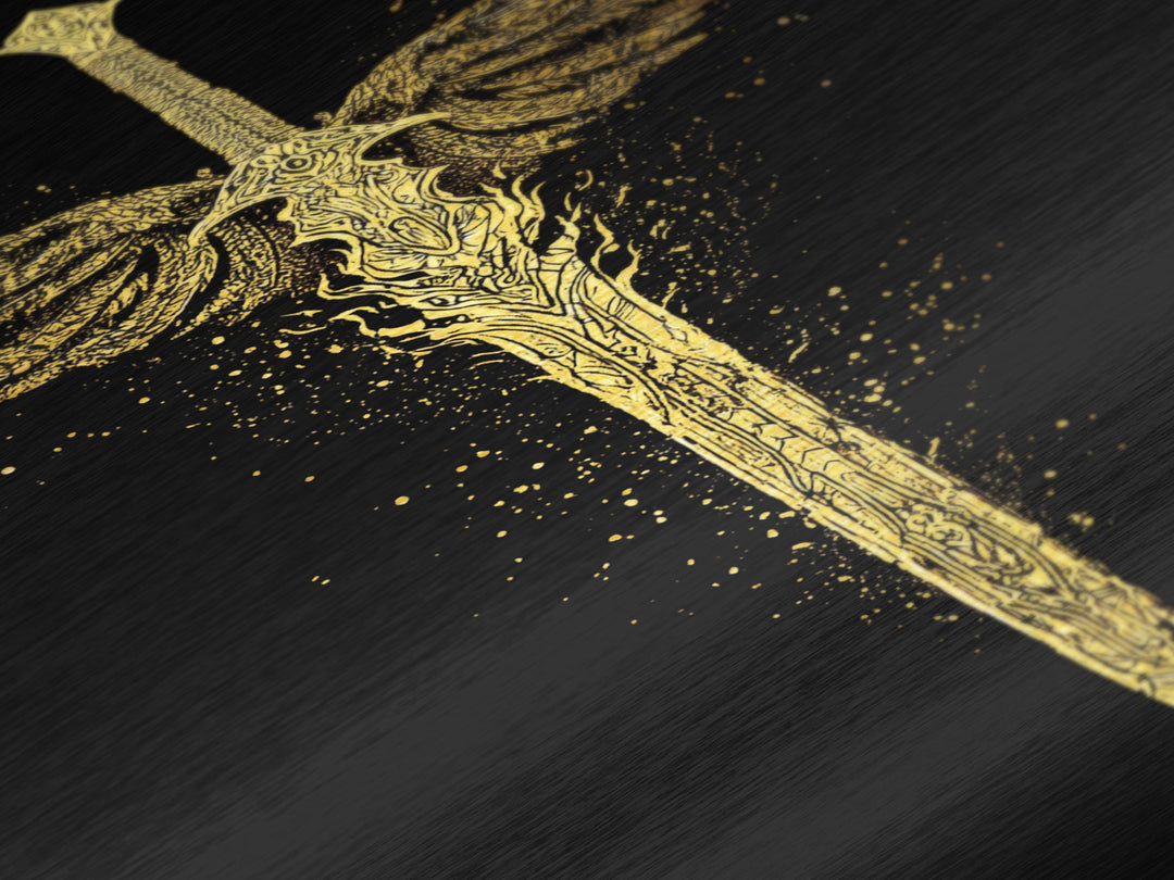 Norse Angelic Sword Metallic Gold Art Metal Art | Viking Warrior Weapon Wall Art Dad Gift | Mounted with Solid Natural Wood Frame