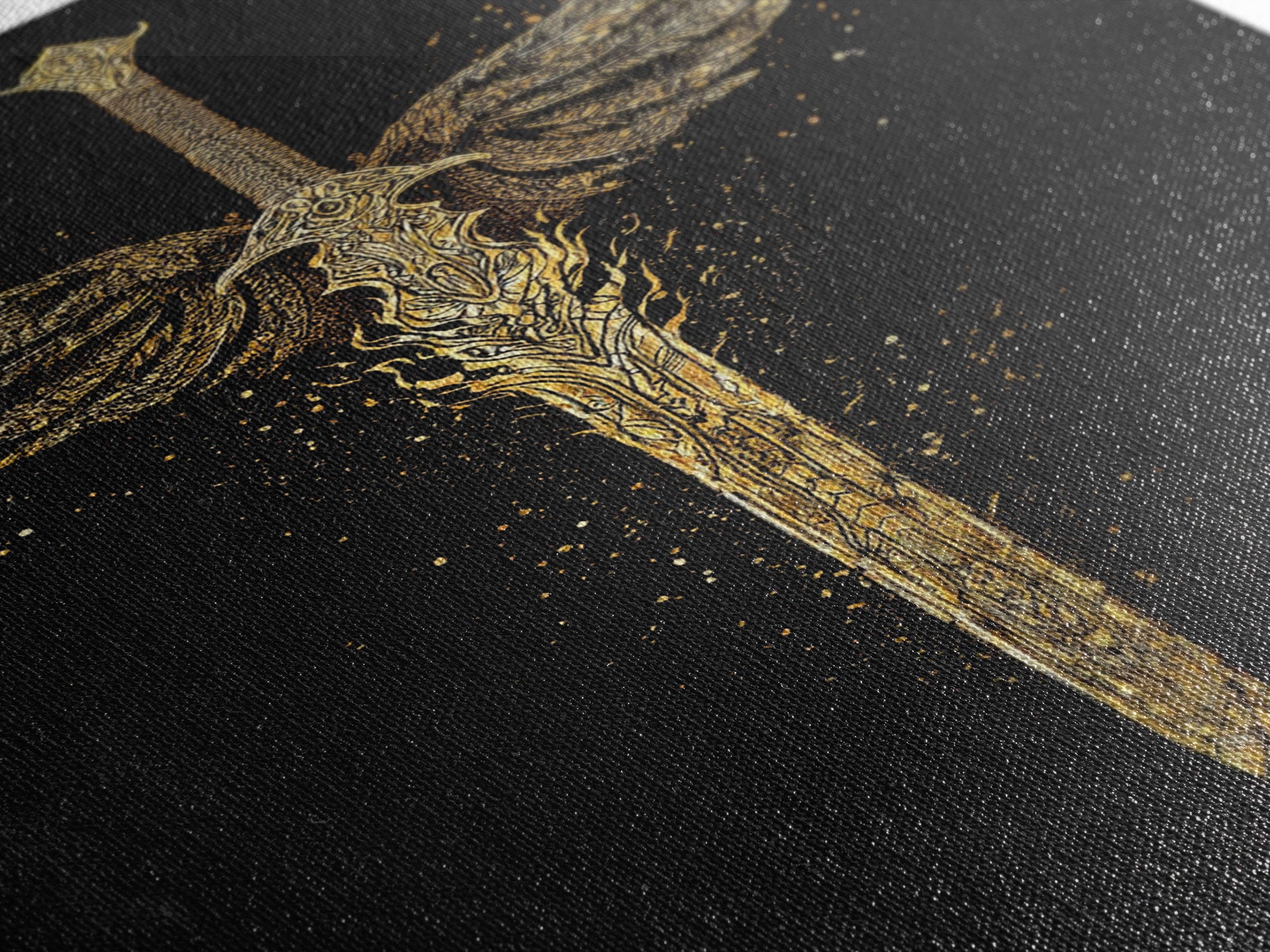 Norse Angelic Sword Canvas Gold Art Canvas Art | Viking Warrior Weapon Wall Art Dad Gift | Mounted with Solid Natural Wood Frame