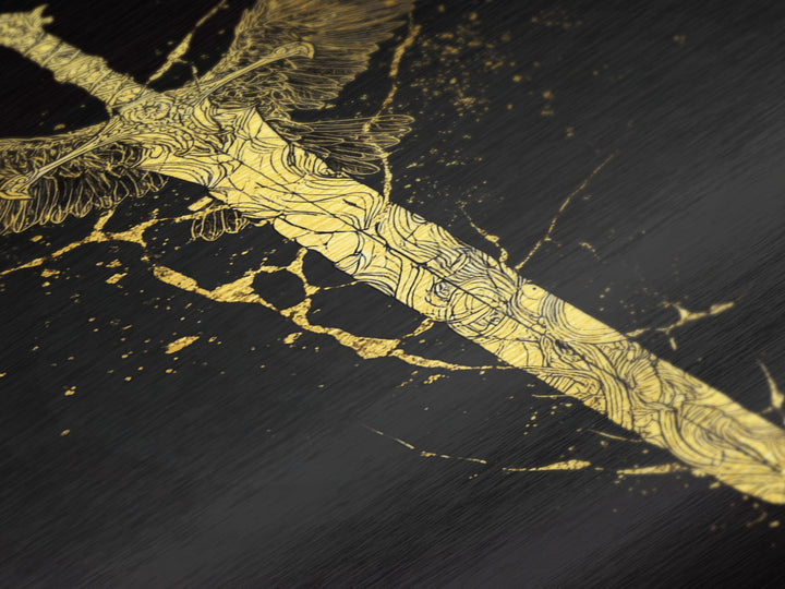 Mythic Sword of Odin Metallic Gold Art Metal Art | Norse Viking Weapon Wall Decor Pagan Symbol | Office Art in Real Wood Framing