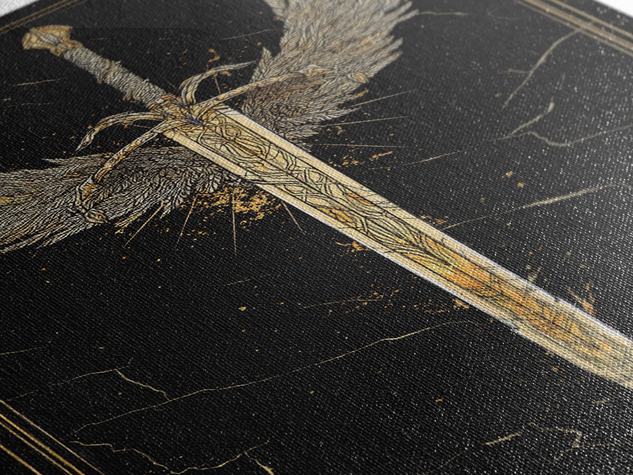 Winged Blade Canvas Gold Art Canvas Art | Norse Mythology Sword Wall Art Pagan Decor Dad Gift | Natural Wood Frame for Office