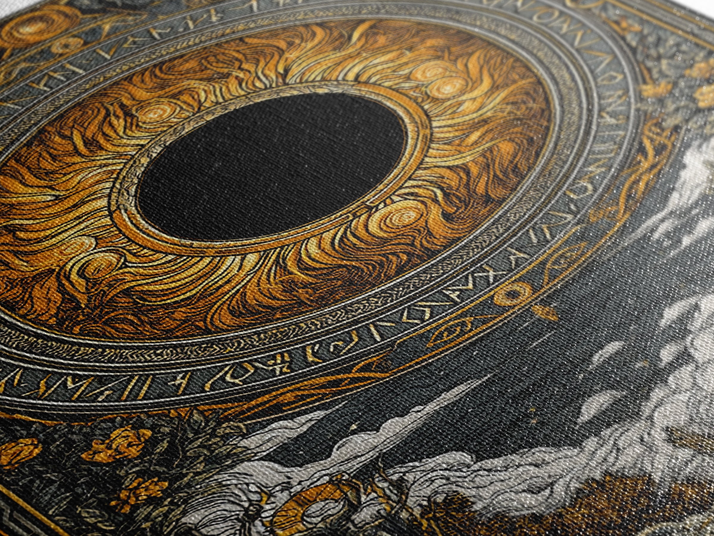 Solar Eclipse Nordic Canvas Gold Art Canvas Art | Viking Pagan Wall Decor Mythology Office Art | Mounted in Solid Natural Wood