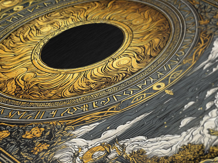 Solar Eclipse Nordic Metallic Gold Art Metal Art | Viking Pagan Wall Decor Mythology Office Art | Mounted in Solid Natural Wood