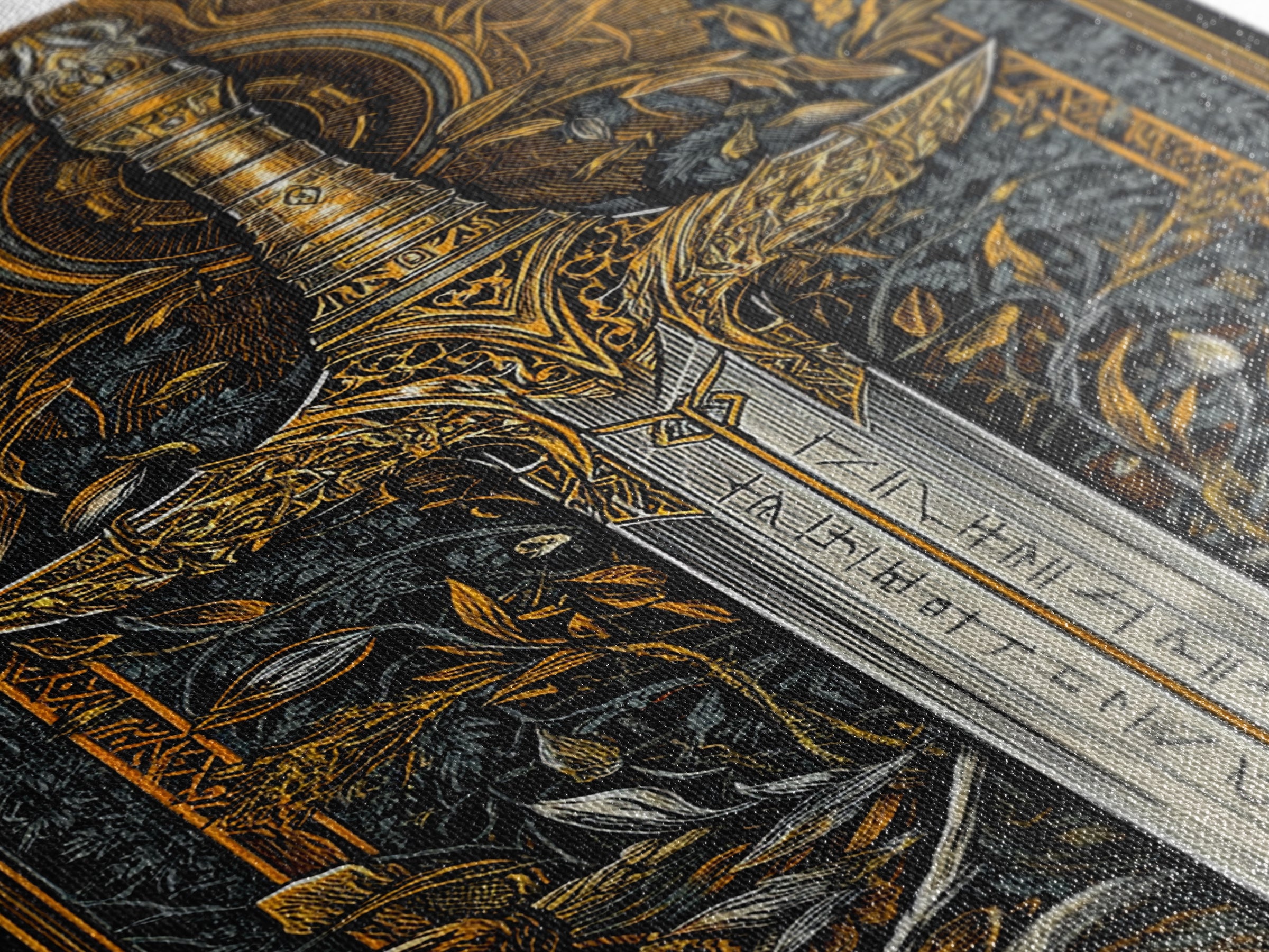 Nordic Forest Sword Canvas Gold Art Canvas Art | Viking Mythology Decor Pagan Warrior Weapon Wall Art | Mounted with Wood Frame