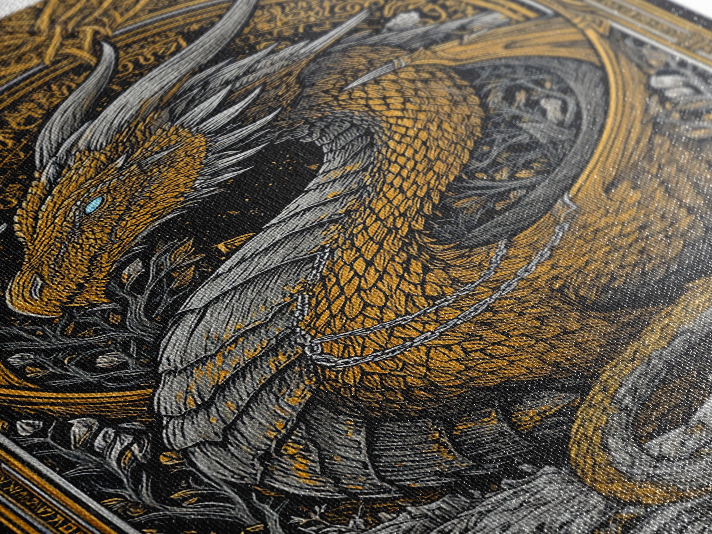 Nordic Dragon Canvas Gold Art Canvas Art | Viking Mythology Wall Decor for Dad Gift or Office Art | With Natural Wood Frame