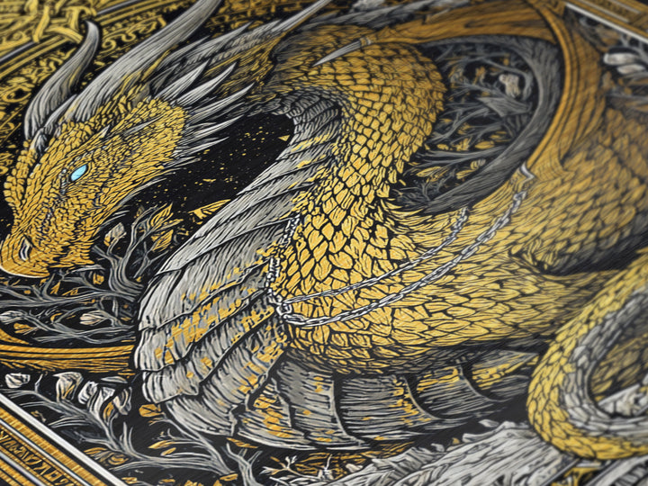 Nordic Dragon Metallic Gold Art Metal Art | Viking Mythology Wall Decor for Dad Gift or Office Art | With Natural Wood Frame
