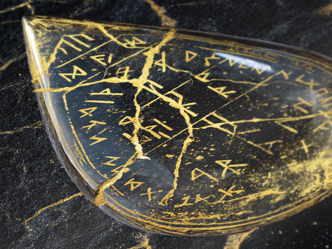 Runestone Metallic Gold Art Metal Art | Viking Runes Nordic Mythology Wall Art for Man Cave or Study | Mounted in Real Wood