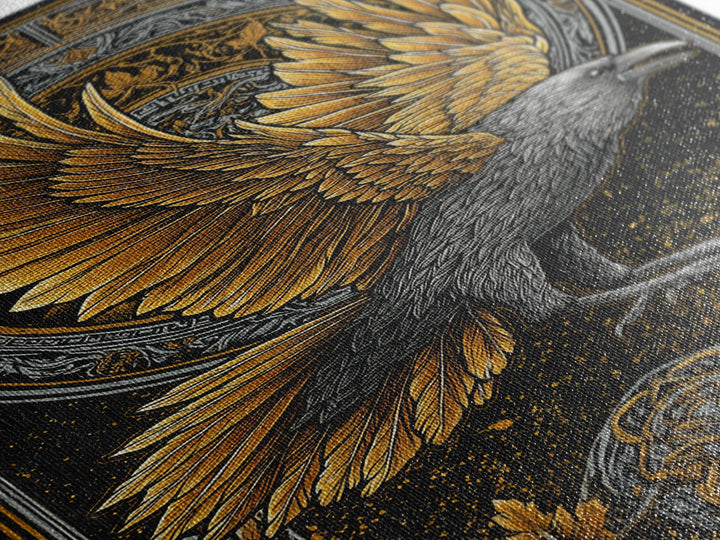 Huginn and Muninn Raven Canvas Gold Art Canvas Art | Norse Mythology Wall Hanging for Man Cave Decor | Real Wood Frame Included
