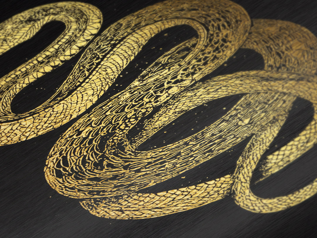 Jormungandr Serpent Metallic Gold Art Metal Art | Viking Snake Norse Mythology Wall Art for Office or Man Cave | Framed in Wood